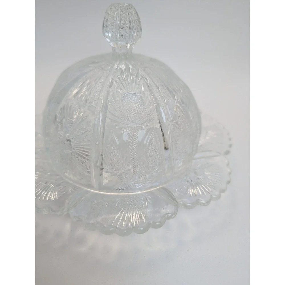 Vtg Clear Pressed Glass Higbee Thistle Starburst Domed Cheese Butter Dish 7.5in
